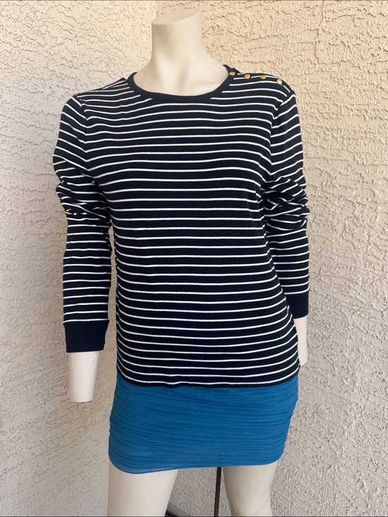 Chaps Tops - Navy & White Striped Long-Sleeve Top with Shoulder Buttons